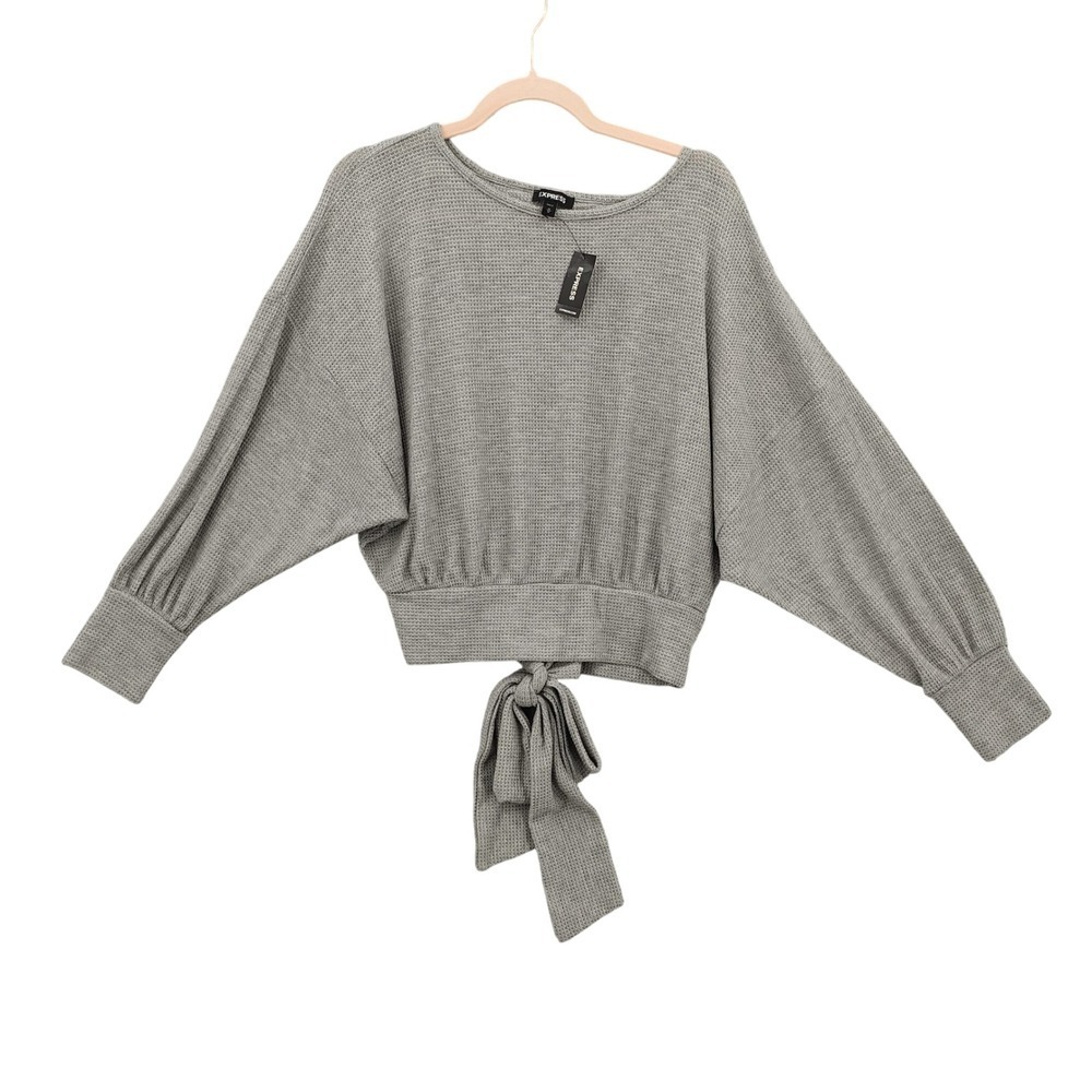 Express Women Cozy Minimalist Waffle Knit Open Back Tie Hem Top M Gray NEW